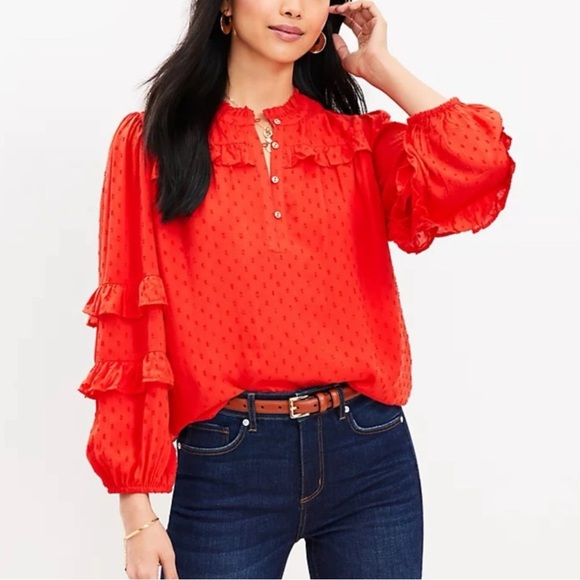 LOFT Tops - NWT Loft Clip Ruffle Button Blouse Red Orange Boho Size XL Ruffle Sleeves